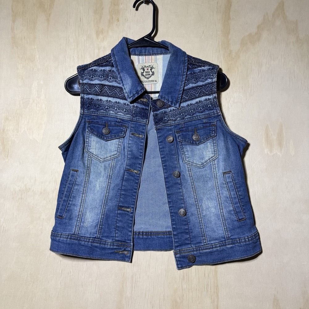Wax Jeans Womens M Denim Vest Embroidered Aztec Boho Button Front Blue
